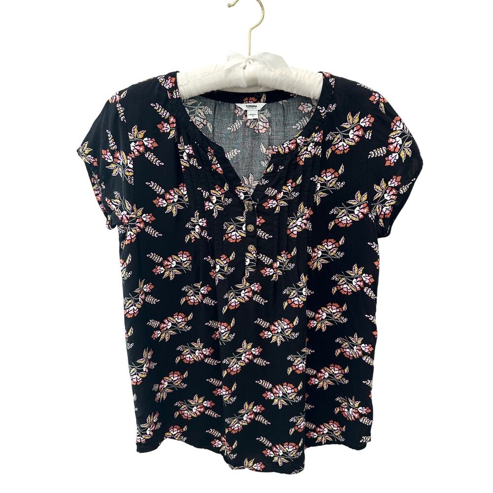 SONOMA | Black Boho Floral Short Sleeve Blouse Top | Small